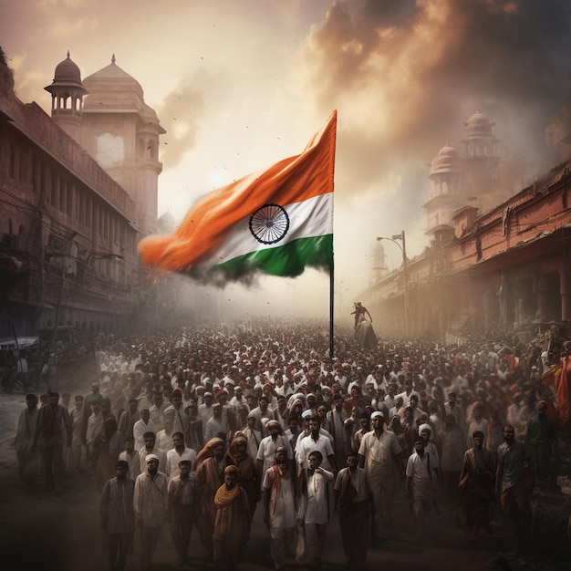 Une affiche d'une foule de gens avec un drapeau qui dit "inde".