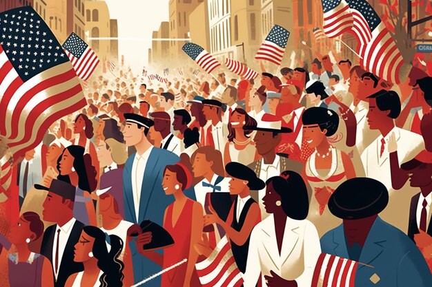 Une affiche d'une foule de personnes avec des drapeaux américains dessus