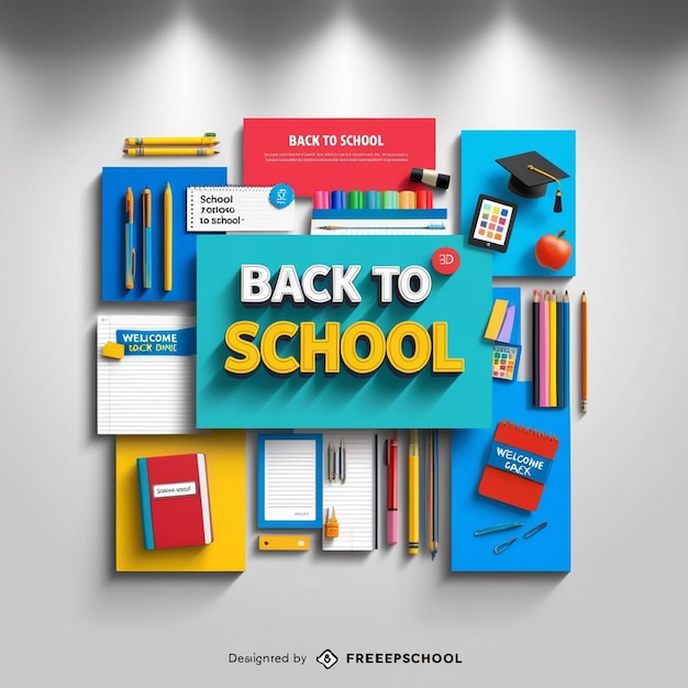une affiche de fournitures scolaires avec un fond bleu et un panneau disant retour à l'école