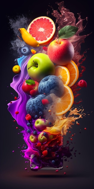 Une affiche avec un fruit coloré et une touche de peinture.