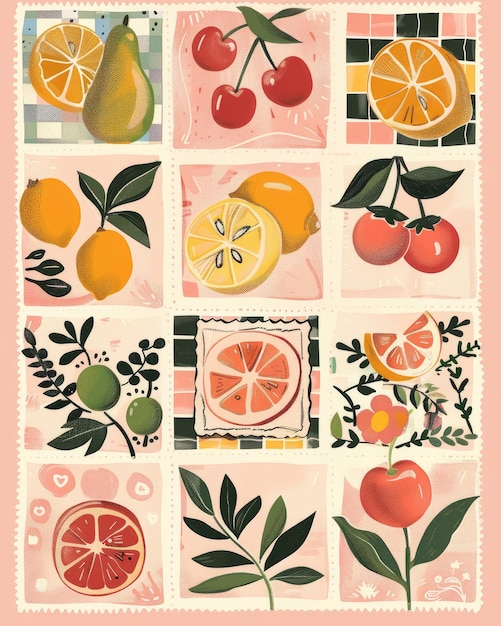 une affiche avec des fruits et une image d'un citron