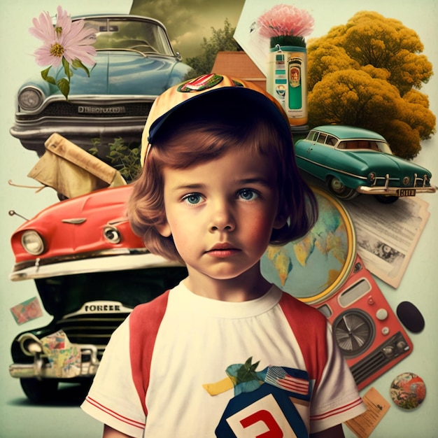 Une affiche d'un garçon avec un chapeau bleu et une chemise blanche qui dit " voiture ".