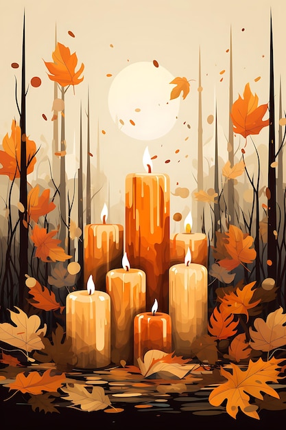Affiche d'un groupe de bougies coniques dans des couleurs automnales chaudes et terriennes à Candlesmas dessins plats 2D