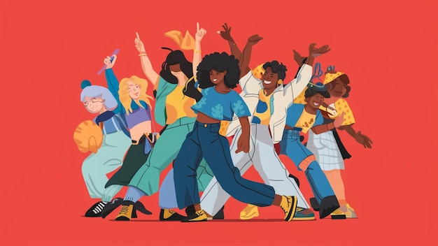 une affiche d'un groupe de personnes dansant dans une scène colorée