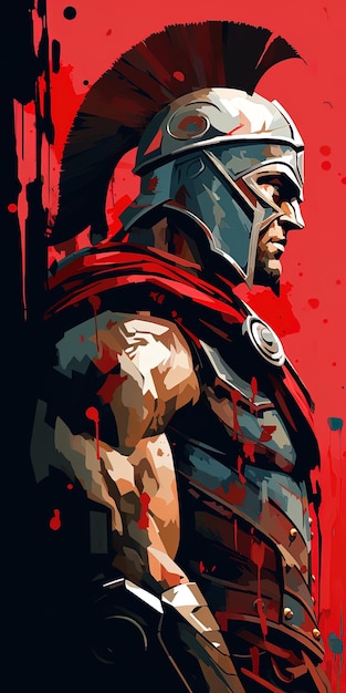 une affiche d'un guerrier avec un fond rouge