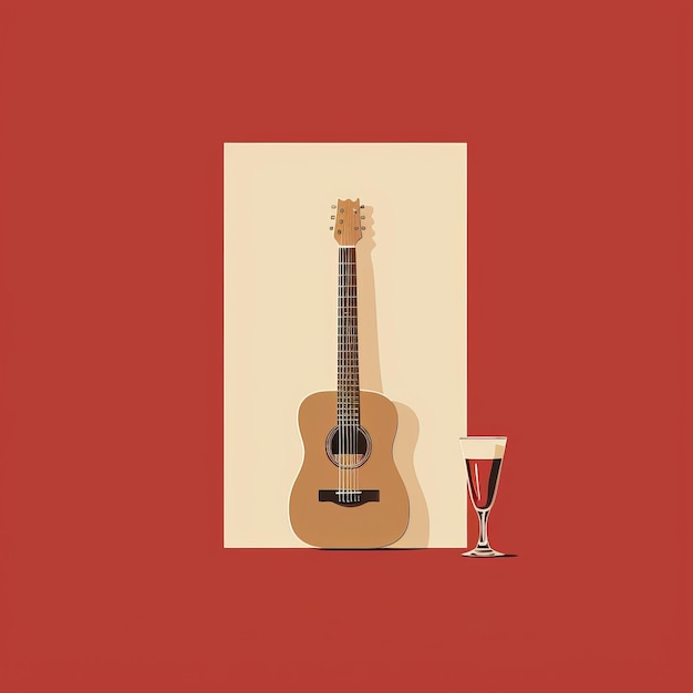 Une affiche de guitare et de vin sur fond rouge