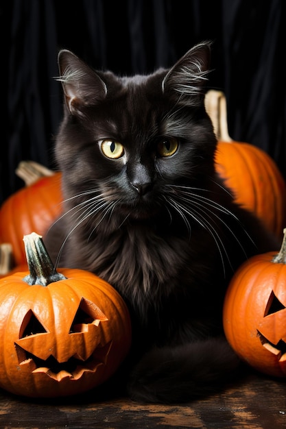 Photo affiche d'halloween drôle de sorcière et chat noir ai illustration numérique virtuelle générative xa