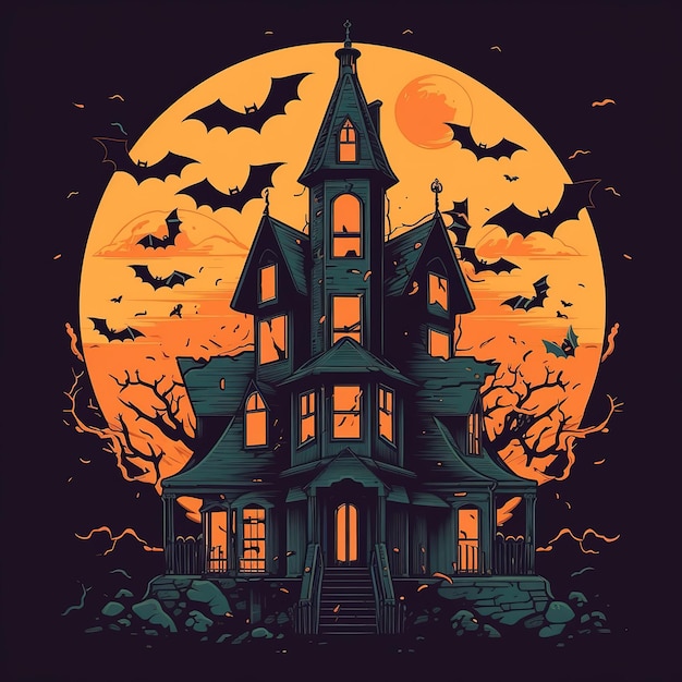 Une affiche d'Halloween pour une maison hantée.