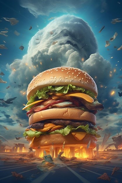Une affiche d'un hamburger avec un ciel nuageux en arrière-plan.
