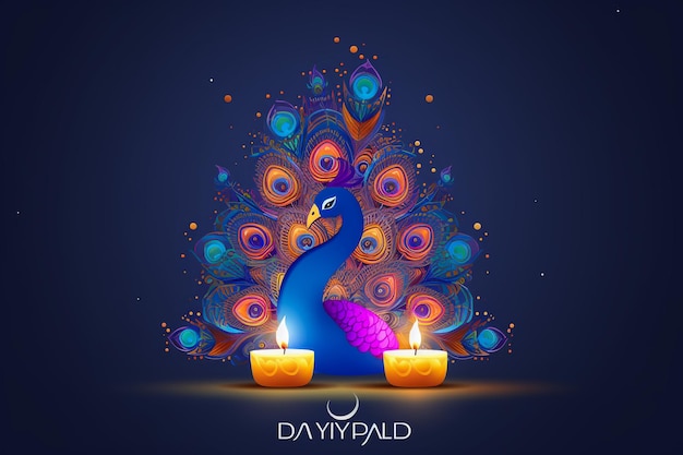 Affiche Happy Diwali avec lampe Diya et paon