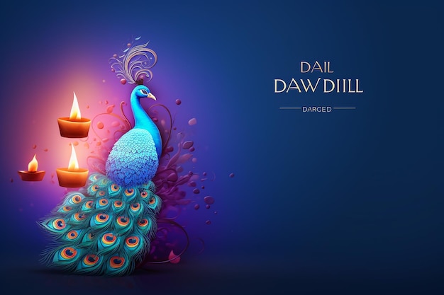 Affiche Happy Diwali avec lampe Diya et paon