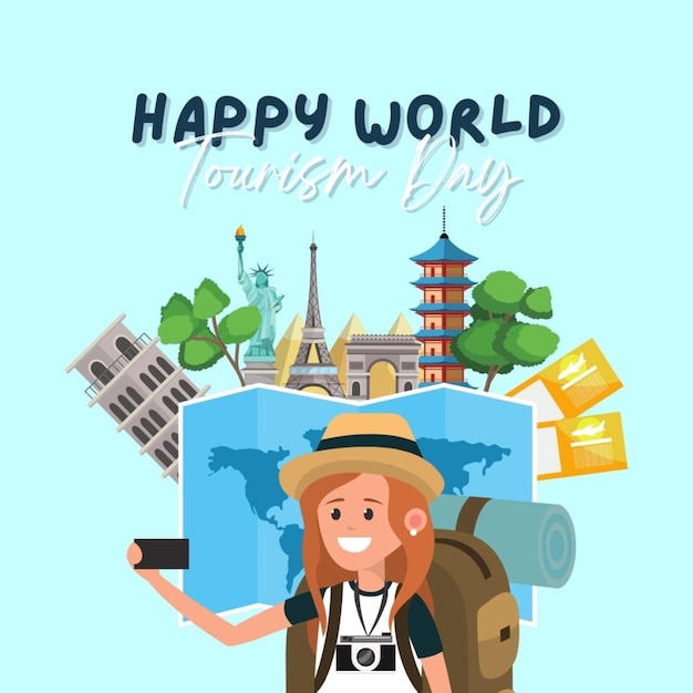 une affiche de Happy World montrant une femme portant un sac de sacs de voyage