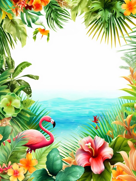 Affiche Hello Summer Beach avec des arbres tropicaux et des flamants roses