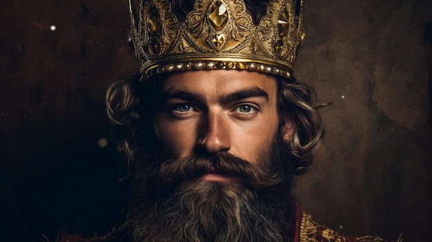 Une affiche d'un homme avec une barbe et une couronne d'or