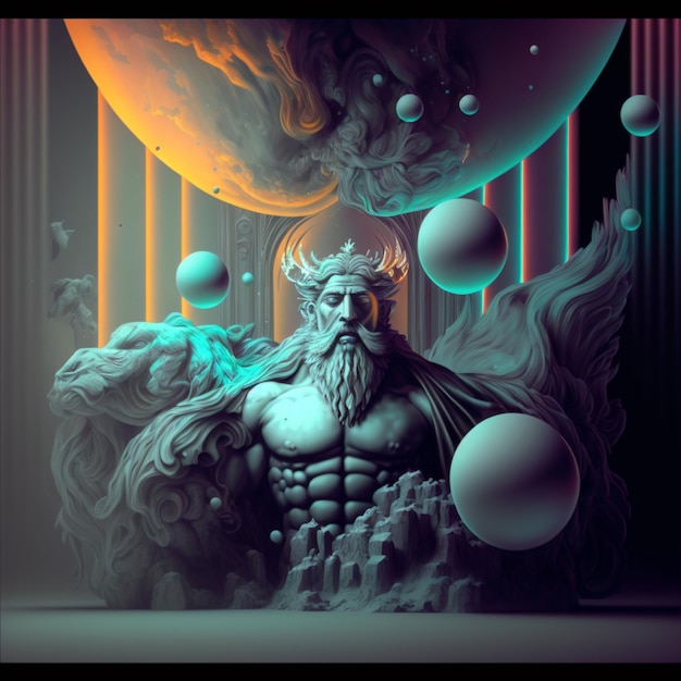 Une affiche avec un homme avec un grand corps et une planète en arrière-plan.