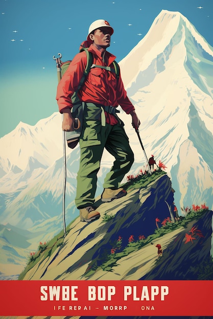 une affiche avec un homme sur une montagne avec une montagne en arrière-plan