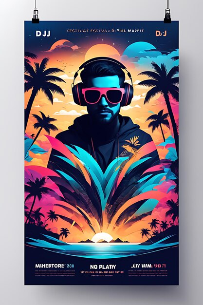 une affiche avec un homme portant des lunettes de soleil et un coucher de soleil dessus