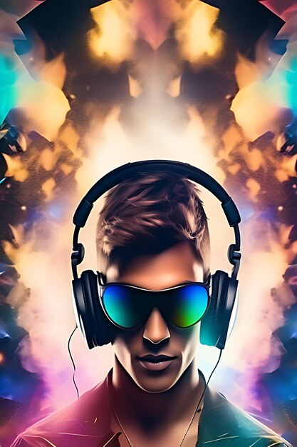 une affiche d'un homme portant des lunettes de soleil et des écouteurs avec un fond coloré