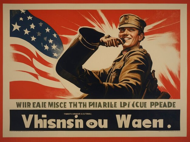 une affiche d'un homme en uniforme tenant un chapeau et un drapeau
