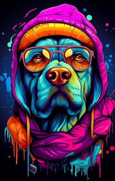 Affiche d'illustration colorée pour un chien mignon en couleurs bleues jaunes brillantes