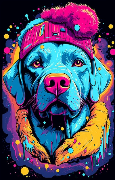 Affiche d'illustration colorée pour un chien mignon en couleurs bleues jaunes brillantes