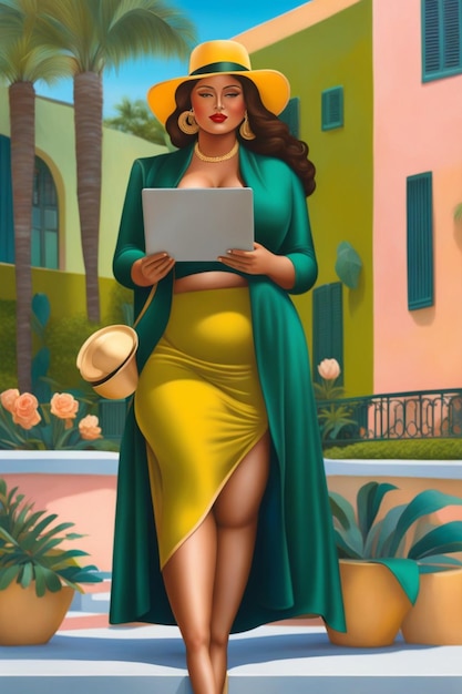 affiche d'illustration d'un modèle féminin voluptueux travaillant à distance à l'extérieur dans une cour dans une villa des Caraïbes art génératif de l'IA