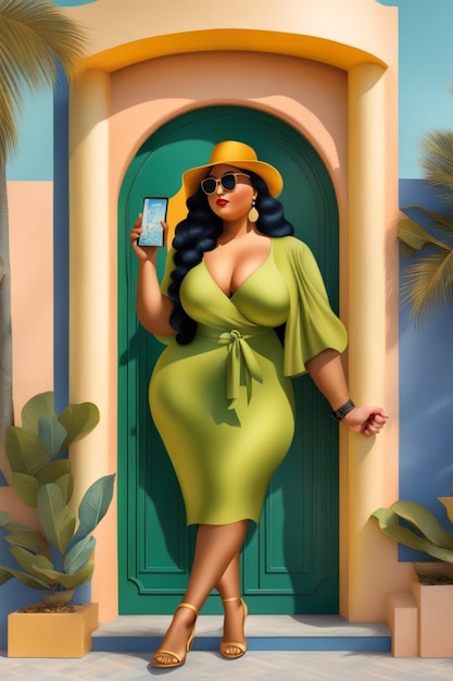 affiche d'illustration d'un modèle féminin voluptueux utilisant un smartphone à l'extérieur dans une cour d'une villa des Caraïbes, art génératif de l'IA