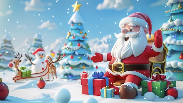 Une affiche illustrée représentant le Père Noël au-dessus d'une pile de cadeaux avec des bonhommes de neige et des arbres de Noël en arrière-plan et des rennes jouant sur un terrain enneigé