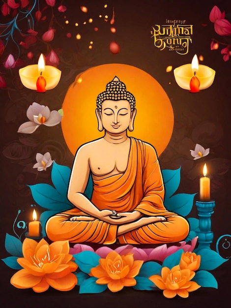 une affiche avec une image de Bouddha assis en position de lotus