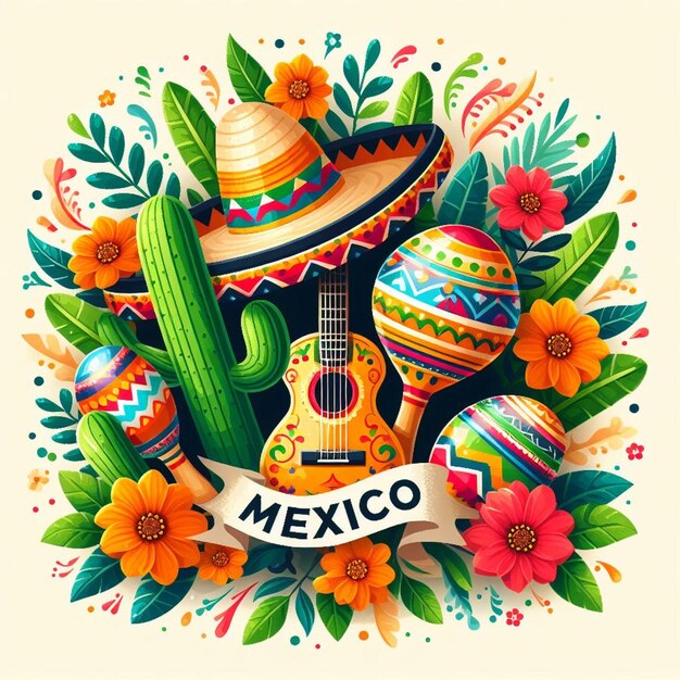 une affiche avec une image d'un chapeau mexicain et d'une guitare