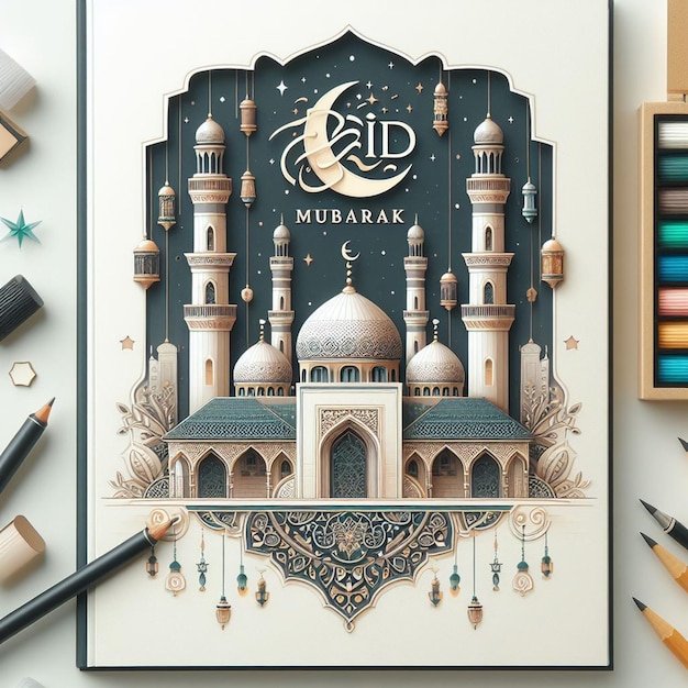 une affiche d'inspiration d'une mosquée avec un dessin dessus