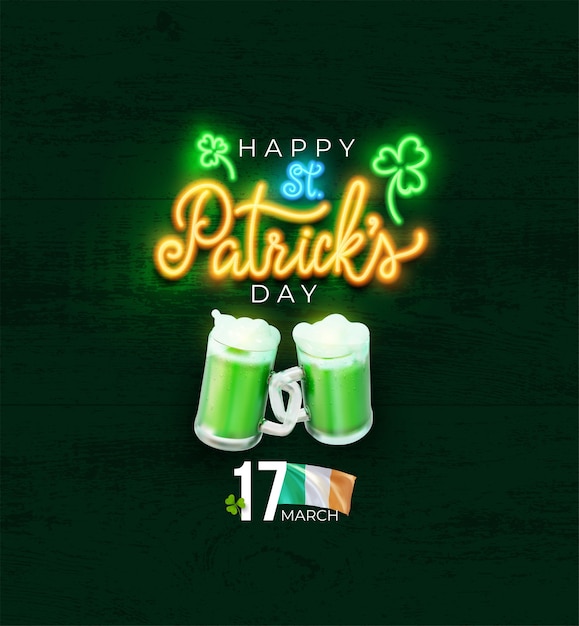 Affiche d'invitation à la fête de la bière verte de la Saint-Patrick. Calligraphie au néon lettrage Happy St Patrick's Day. Éléments de conception réalistes. Illustration vectorielle. Isolé sur fond vert.