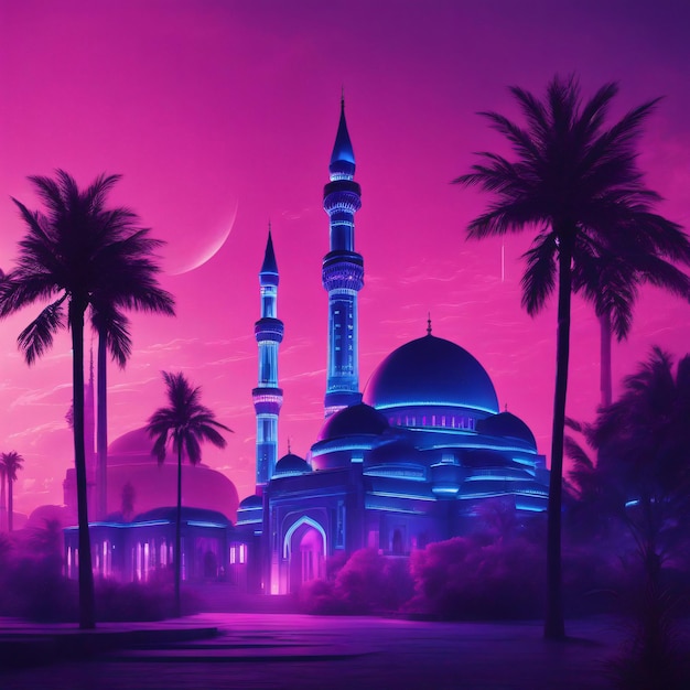 Une affiche islamique bleue et violette avec une mosquée au milieu