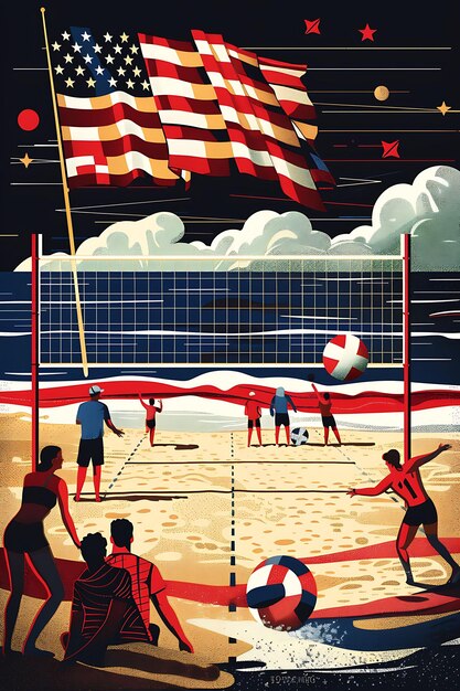 une affiche d'un jeu de volleyball de plage avec des gens jouant au volleyball