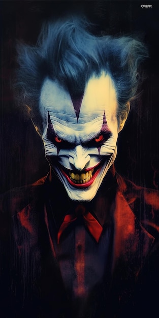 une affiche d'un joker avec une cravate rouge.