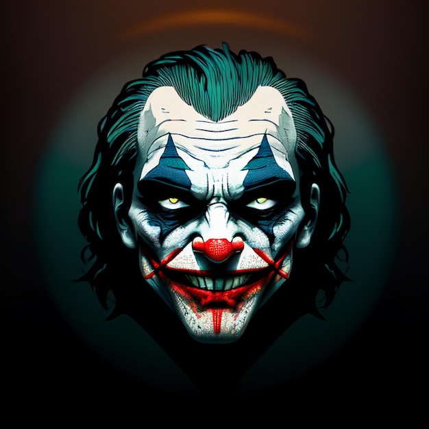 Une affiche d'un joker avec un nez rouge et des yeux bleus.