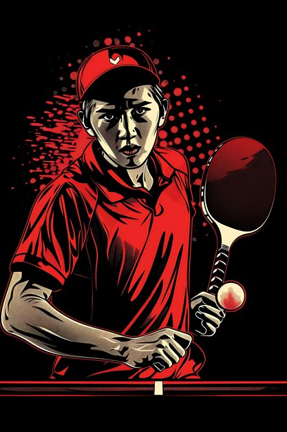 une affiche d'un joueur de tennis avec un chapeau rouge et une chemise rouge avec une raquette de tennis au milieu