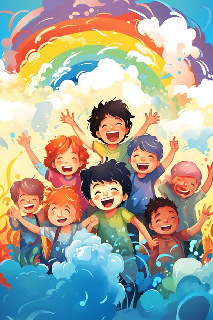 Affiche de la Journée mondiale du sourire avec des enfants qui rient et jouent à l'arc-en-ciel C Design 2D Journée internationale