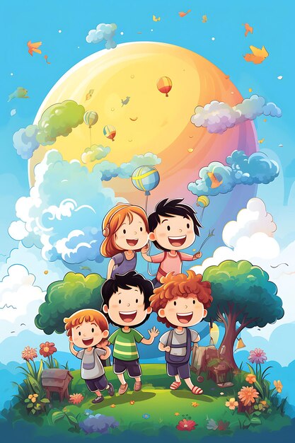 Affiche de la Journée mondiale du sourire avec des enfants qui rient et jouent à l'arc-en-ciel C Design 2D Journée internationale