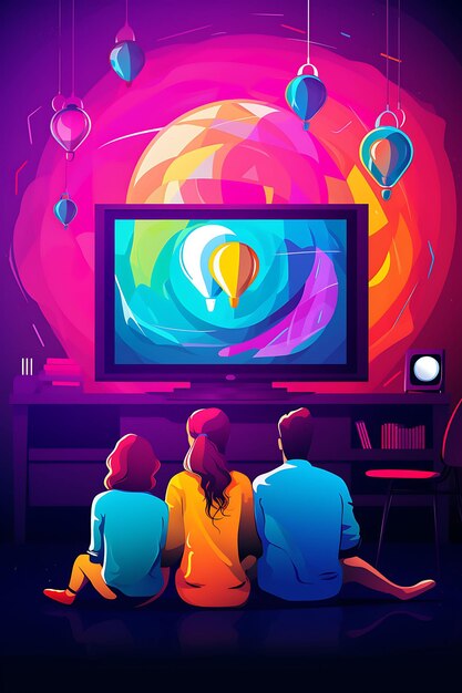 Affiche de la Journée mondiale de la télévision avec une famille regardant la télévision ensemble Neon C 2D Design Journée internationale