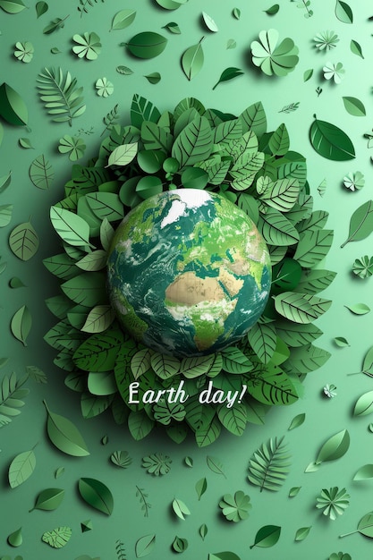 Affiche de la Journée de la Terre à l'arrière-plan avec des feuilles vertes et le texte Jour de la Terre sur le globe