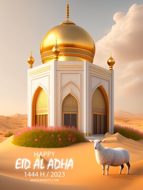 Affiche de joyeux eid al adha avec un fond de lune et de mosquée