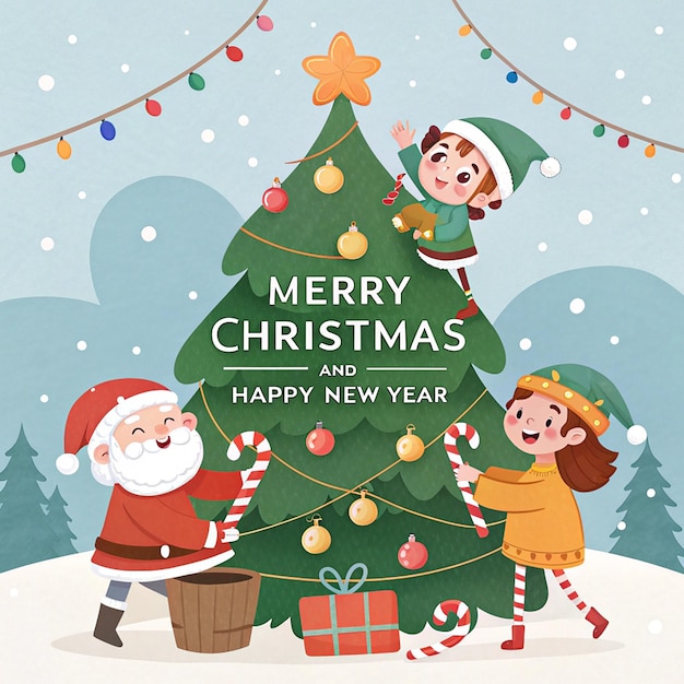 une affiche de joyeux Noël avec un arbre de Noël et une petite fille portant un panier de cadeaux