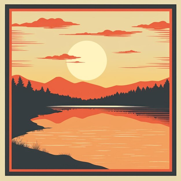 Photo une affiche avec un lac et des montagnes au coucher du soleil