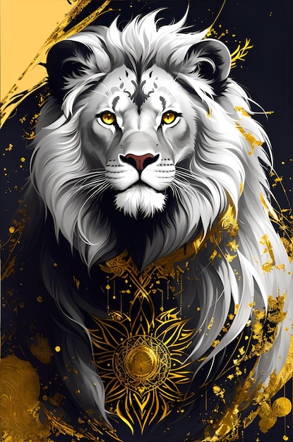 Une affiche d'un lion avec un fond or et noir.