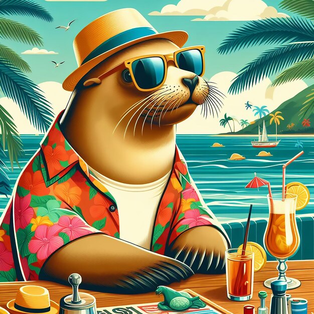 Affiche d'un lion de mer portant des lunettes de soleil et une chemise hawaïenne dans un bar d'hôtel, des vacances et des voyages en station balnéaire