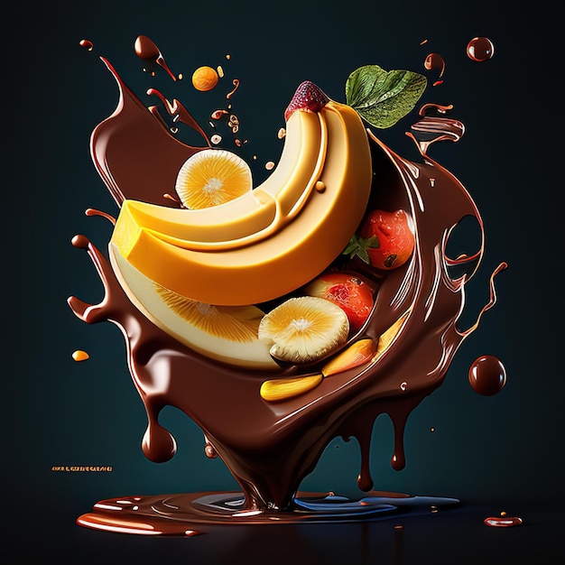 Une affiche d'un liquide aux fruits et au chocolat avec une photo d'une banane et des fruits.