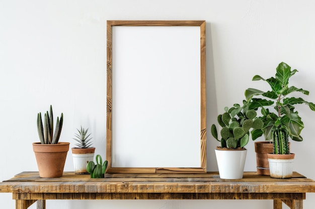 affiche de maquette de cadre minimaliste simple accrochée au mur blanc avec une décoration végétale 50x70 20x28