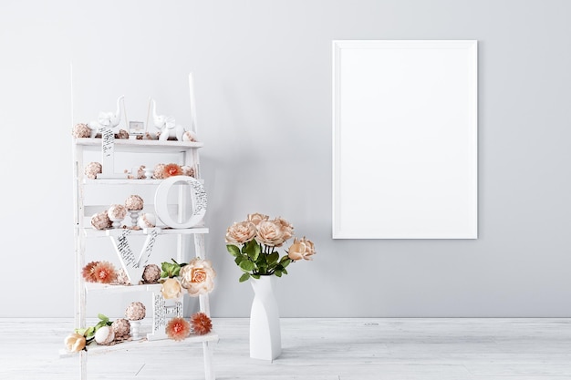 Affiche maquette étagère blanche avec des fleurs et un vase avec un cadre blanc dessus