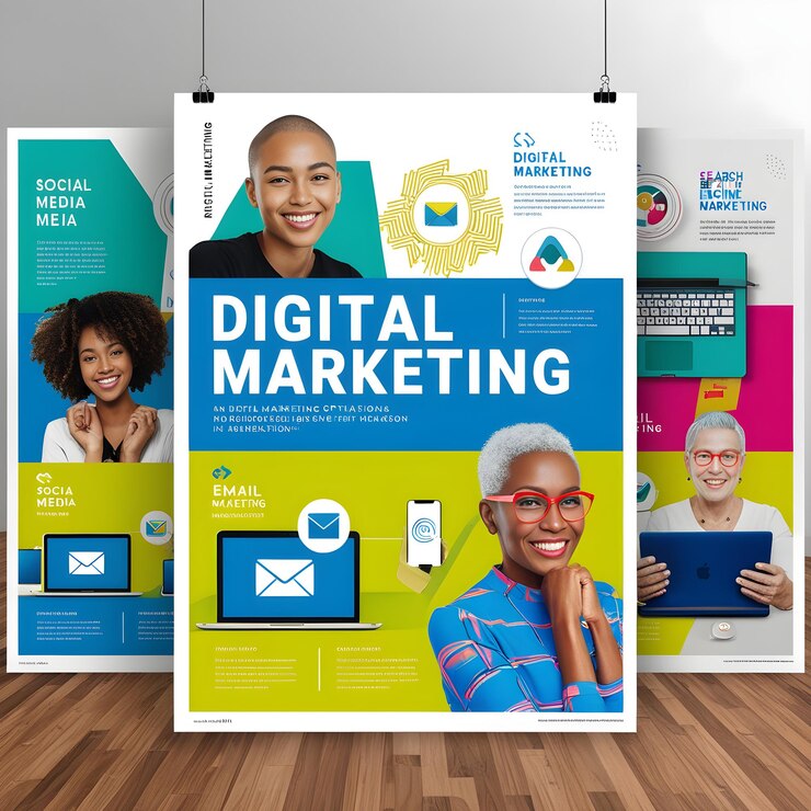 Photo une affiche de marketing numérique avec un homme et une femme à droite
